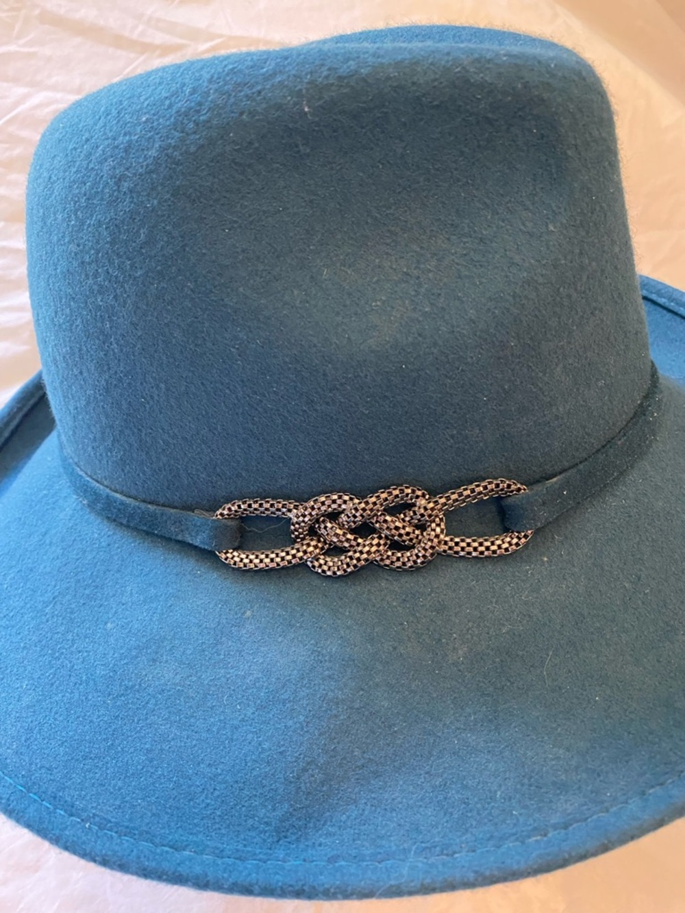 Teal Scala Adjustable Wool Felt Wide-Brim Fedora Hat with Chain Accent - Picture 5 of 5